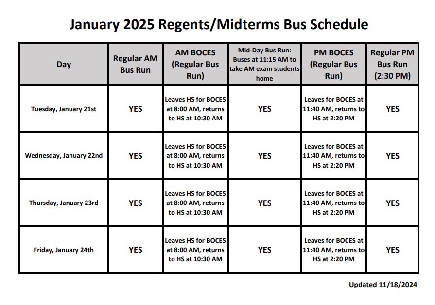 Tarnsportation Schedule Jan 2025