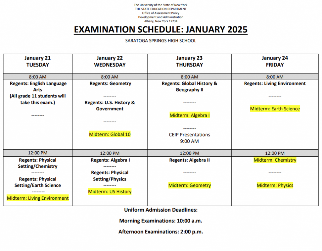 Regents Schedule Jan 2025